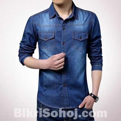 Navy Blue Denim Long Sleeve Casual Shirt for Men - UPF